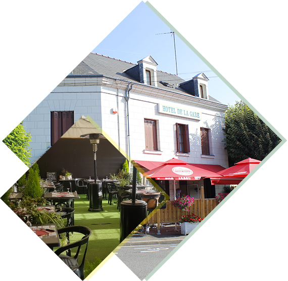 Devanture de l'hôtel restaurant 2 étoiles à Montrichard (41) dans le Loir-et-Cher, et photo de la terrasse du restaurant